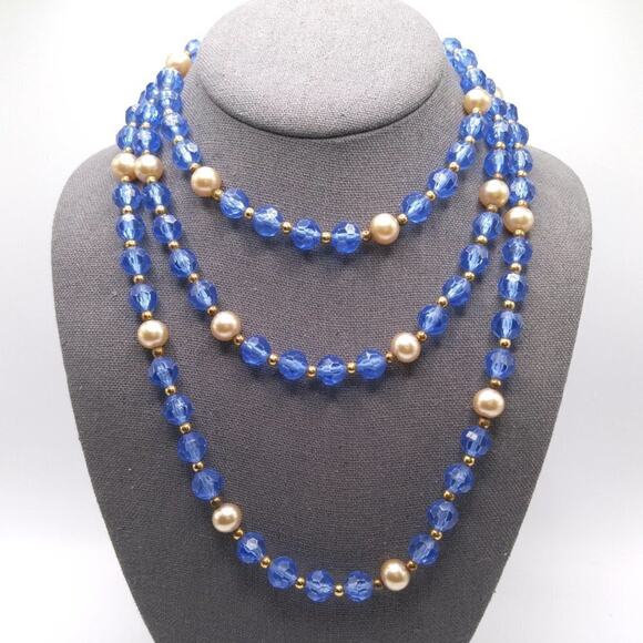 Vintage Jewelry - Vintage Lucite Blue Faceted Bead Necklace, Glass Pearl Accents, 1940s, 54 Inches